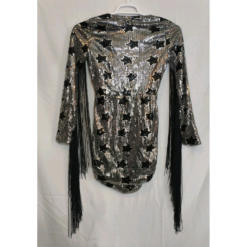 Nasty Gal V-neck Star Sequined Fringe body con long Sleeve Mini Dress Size 0 - Picture 3 of 9